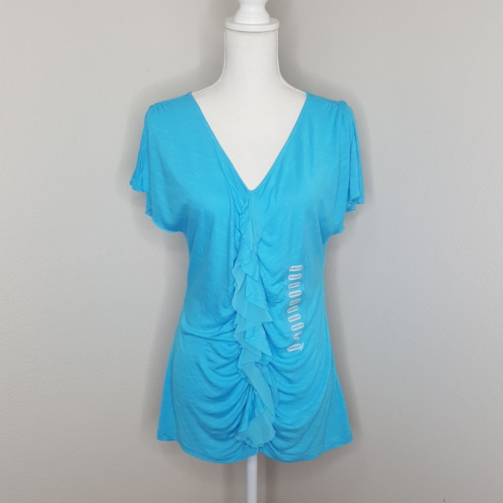 Rafaella Cool Turquoise Ruffle Short Sleeve Blouse